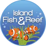 A circular logo with a blue background featuring two clownfish swimming around green seaweed. The text "Island Fish & Reef" is written in white, centered at the top. Bubbles float around the fish, enhancing the underwater theme, perfect for an Aquarium Installation in Suffolk County.